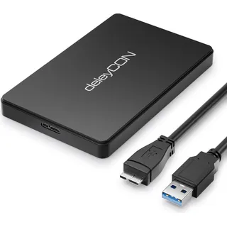 deleyCON SSD Festplattengehäuse USB A (5Gbps USB 3.1) für 2,5“ Zoll SATA 3 SSD / HDD / 7 mm bis 9,5 mm SATA III Festplatten Externes Gehäuse UASP [Schwarz]