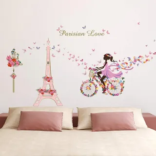 ufengke Wandtattoo Mädchen Fahrrad Wandsticker Wandbilder Blumen Eiffelturm Schmetterlinge für Wohnzimmer Kinderzimmer Baby