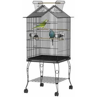 HENGMEI Vogelvoliere großer Vogelkäfig Papageienkäfig Vogelhaus Käfig Voliere kanarienvögelkäfig mit Ständer, Rollen Schwarz 55x55x145cm (mit Offenem Dach)