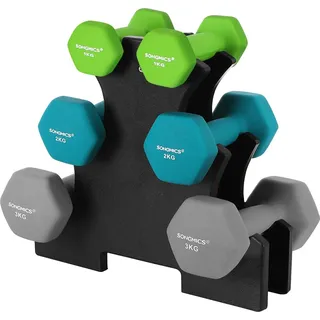 Songmics Kurzhantel Set Hexagon mit Hantelständer 2 x 1 kg, 2 x 2 kg, 2 x 3 kg limettengrün, aquamarin, grau