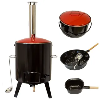 Lemodo Gulaschkanone Raketenofen mit 14 L emailliertem Gulaschtopf & Pfanne, Glühweinkocher mit Suppenkelle, Outdoor Eintopfofen für Garten, Terrasse & Balkon, Camping, unabhängig von Strom & Gas