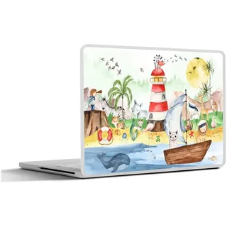 MuchoWow Laptop-Aufkleber Strand - Tiere - Kinder - Leuchtturm - Jungen, (1tlg), Selbstklebendes Laptop Folien Cover, Sticker, Kratzschutz, 40x30 cm bunt Ø 50.00 cm x 40 cm x 30 cm