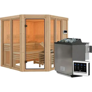 Karibu Sauna Airi Superior mit Eckeinstieg 68 mm Ohne Dachkranz 9 kW Bio-Kombiofen inkl. Steuergerät inkl. gratis Zubehörpaket im Wert von 126,96€