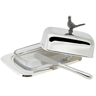 Edzard Butterdose Fasan, 13 x 18 cm, Höhe 9 cm, versilbert, mit Glasschale, inklusive Buttermesser, für 250 Gramm Butter