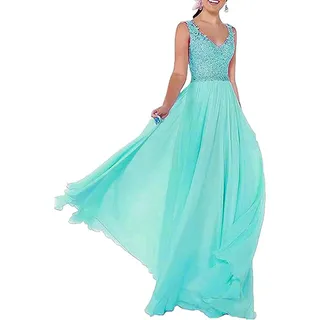 Beyonddress Damen Chiffon Abendkleider V-Ausschnitt Elegant Spitze Ballkleid Hochzeit Brautjungfernkleider Brautkleider(Türkis,42) - 42