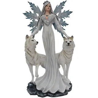 Fee Elfe Figur Winterfee mit 2 weissen Wölfen Elfenfigur Fee mit Wolf 60 cm
