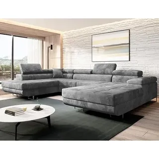 Easy4You Grau Ecksofa Varberg Velours in U-Form 345 x 72 x 205 cm mit Schlaffunktion und Bettzeugbehälter - Schlafsofa mit Bettkasten - Eckcouch mit Stauraum - Stoff: Monolith 85