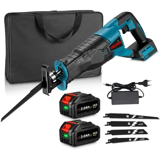 squaeltirs Akku Säbelsäge , Elektrisch Reciprosäge Säbelsäge Elektrisch Kettensäge mit 4 Sägeblättern, 2x 3.0Ah Variabler Drehzahl von 0-3000 RPM, für Metall, Holz, PVC-Rohr und Ladegerät