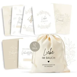 MeinBaby123® Geburtskarte 42 Meilensteinkarten Schwangerschaft zum Ausfüllen, inkl. Baumwollsäckchen, Geschenk zur Schwangerschaft beige|braun