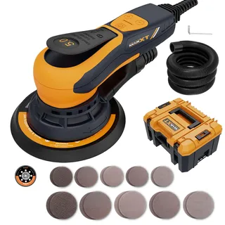 MAXXT Bürstenlose MAXXT Elektroschleifer 350 W, Scheibe 150 & 125 mm, Exenterschleifmaschine 5.0 mit Dreikernanschluss, 4000-10000 U/min (6 einstellbare), Automatische Bremse-2s, 20 Schleifpapiere