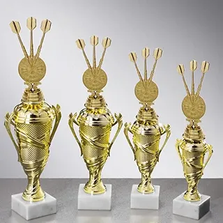 Henecka 🎯 Dartsport Pokal wählbar in 4 Größen, Dartpfeile-Trophäe, Dart Pokal Gold auf schwerem Marmorsockel, mit Wunschgravur