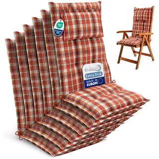 Beautissu 6er Set Gartenstuhlauflagen Hochlehner Auflagen 120x50 cm – 7cm Polster Sitzauflagen Gartenmöbel Made in EU – UV-Lichtecht Sitzpolster Gartenstuhl Orange Rot Grün Kariert – HighLux HL