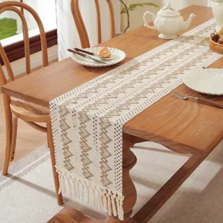 【3 € Rabatt ab 10 €】Boho Tischläufer 5 Stück Tischläufer und Platzsets, rustikaler Landhausstil Esszimmer-Küchen-Dekoration, kleines gewebtes Macrame Tischläufer für Couchtisch, Kommode, Schal, Heimdekoration, 12 x 72 Zoll*1, 12,5 x 16,5 Zoll*4, wellenförmig, braun