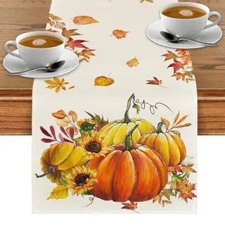 GreenYeah Wasserfester Reparatur, Herbst Tischläufer, Kürbisse Sonnenblumen Herbst Tischläufer Leinen, Ahornblätter für Erntedankfest Herbstdekoration Thanksgiving
