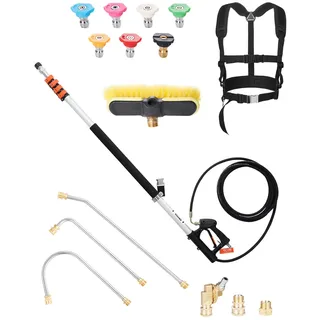 Vevor 6358 mm Teleskop-Hochdruckreinigerlanze, Teleskopstrahlrohr, 4000 PSI Teleskop-Sprühstab mit Verlängerungsstangen, Bürstenkopf, Schwenkkupplung, 7 Düsen, Stützgurt, für Dachrinnen