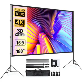 Beamer Leinwand 180 Zoll mit Faltbarem Standfuß, LEORFI Outdoor-Indoor Projektionswand HD 16:9, Tragbare Filmleinwand mit Tragetasche, Höhenverstellbar, für Camping und Heimkino