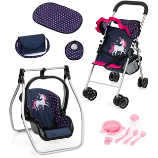 CHIC 2000 bayer Design Puppenbuggy-Set Cosy inkl. Wickeltasche, Wickelunterlage, Puppenschaukel & 7-tlg. Fütterset - Einhorn - Lila Pink