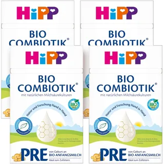 HiPP PRE Bio Combiotik (4 x 600g), Anfangsmilch von Geburt an, mit natürlichen Milchsäurekulturen, enthält nur Lactose als Kohlenhydrat, ideal zum Zufüttern