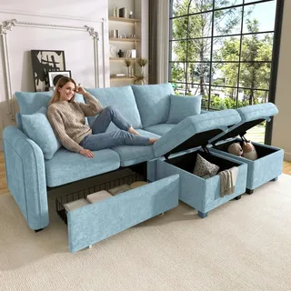 Merax Ecksofa U-Form mit Schlaffunktion und Stauraum, Dreisitzer Sofa-Set mit 2 Hocker – Chenille-Stoff, Metallrahmen, Modular Kombinierbar, Blau - Blau