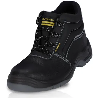 ELIWORX S3 SR Schuh mit Stahlkappe aus echtem Rindleder - Arbeitsschuhe Herren Sicherheitsschuh Atmungsaktiv, Durchtrittsichere Zwischensohle, besonders rutschhemmend schwarz 46 EU