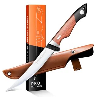 PURPLEBIRD Filetiermesser für Fisch 15 CM mit Scheide, 440C Edelstahl Fischmesser zum Schneiden von Fleisch mit Holzgriff, Filitiermesser Scharf Fisch, Küche & Outdoor zum Fischen, Grillen für Männer