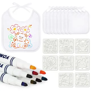 Aolso Baby Lätzchen zum Bemalen - 8 Weiße Lätzchen mit 8 Textilstiften und 8 Vorlagen - Wasserdichtes Lätzchen für Babys (18 * 18cm)