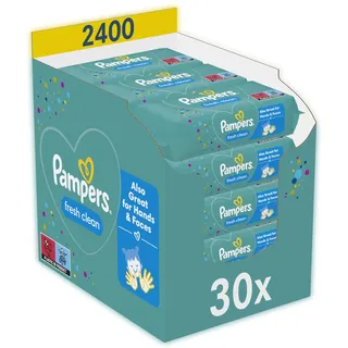 Pampers Fresh Clean Feuchttücher 30 Packungen mit 80 Stück, 2400 Feuchttücher, milder Duft, auch für Hände und Gesicht geeignet