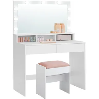 VASAGLE Schminktisch Kosmetiktisch mit LED-Beleuchtung, einstellbare Helligkeit, modern (1 Tisch mit 1 Hocker), Kosmetiktisch, 3 Lichtfarben, 2 Schubladen, 3 offene Fächer weiß 80 cm x 140 cm
