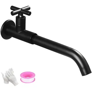 NIUKOMY Kaltwasserhahn Wandmontage Messing Schwarz, G1/2 Wasserhahn Garten Lang, 360°Drehbar Küche Spültischarmatur Kaltwasser Waschtischarmatur mit Kreuzgriff für Moppbecken Wäscherei-Pool