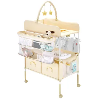 Vevor Wickeltisch, faltbare Wickelstation mit 2 Stoffschubladen & Seitenkorb & Kleiderstange, höhenverstellbarer tragbarer Wickelkombi mit feststellbaren Rädern und 2 Sternspielzeugen, Hellbeige