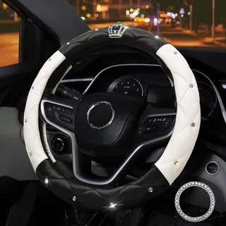 coofig Lenkradbezug Glitzer Universal Lenkradhülle Leder Universal 38cm/15 Inch Strass Lenkrad Bezug Atmungsaktive Steering Wheel Cover Auto Zubehör Innenraum Frauen (Schwarz Weiß)