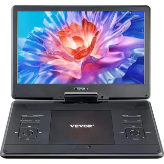 Vevor tragbarer DVD-Player mit drehbarem HD-Bildschirm (358 mm), eingebauter Akku mit 4,5-5 h Laufzeit, 2 Lautsprecher, unterstützt Synchronisierung von TV/USB/SD-Karte/CD/DVD, Autoladegerät schwarz