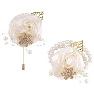 SSyang 2 Stück Handgelenk-Blume und Corsage Satin Rose Corsage und Handgelenk Blumen-Set, Boutonniere Groom,Hochzeit Braut Corsage Herren für Abschlussball Hochzeit Party, 7 * 5cm,10 * 5cm(Weiß)
