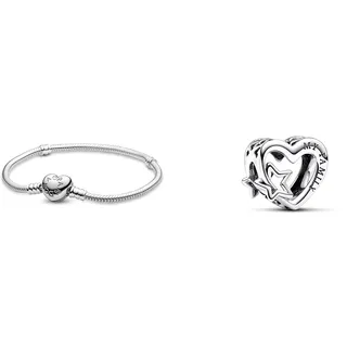 PANDORA Moments Schlangen-Gliederarmband mit Herz-Verschluss aus Sterling-Silber & Moments Offen gearbeitetes Familie Herz & Stern Charm aus Sterling Silber, Kompatibel Moments Armbändern, 792829C00