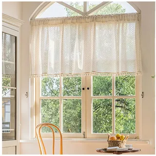 Sunicol Scheibengardine Halbtransparent Bistrogardine, Vintage Quasten Boho Küche Vorhänge (2 St), Gaze Schals Fensterschal für Küche Wohnzimmer Landhaus 140 cm x 46 cm