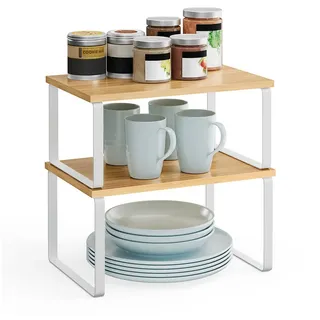 Songmics Gewürzregal, 2er Set Küchen-Organizer, Küchenregal, Schrank-Organizer Küche, erweiterbar, kleines Regal, Regalboden Freistehend Bambus, Metall und Holzwerkstoff, wolkenweiß-naturbeige KCS02NW