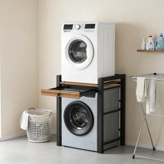 Waschmaschine Regal, Waschmaschine und Trockner übereinander, Waschmaschienenregale, 300 Kg Belastbar, Waschmaschine Schrank überbau für Badezimmer Küche Balkon Waschküche (Schwarz mit Schubladen)