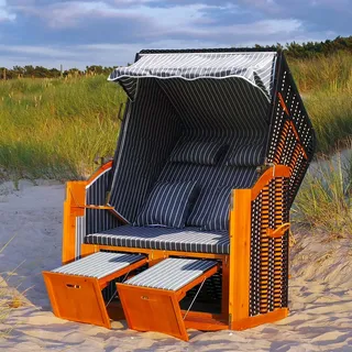 Swing & Harmonie LED - Strandkorb XXL - 118cm inkl. Abdeckcover Luxus Volllieger mit Solarmodul Ostsee Sonneninsel Rattan Möbel Polyrattan (grau/weiß - nadelstreifen)