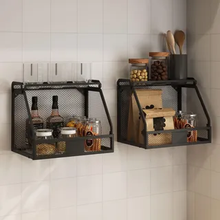 Yahbrra Obstkorb Hängend Küchen Organizer 2 Stück: fur Obst und Gemüse Aufbewahrung Faltbar Abnehmbare mit 8 Haken Fruit Basket Kitchen Storage Organisation (Schwarz, 32.5x24x27cm)