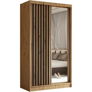 Beautysofa Kleiderschrank Helix Schwebetürenschrank mit Lamellen (Kleiderschrank mit Spiegel, Schrank mit Kleiderstange und vielen Einlegeböden) moderner Garderobenschrank fürs Schlafzimmer schwarz 120 cm x 216 cm x 61 cm