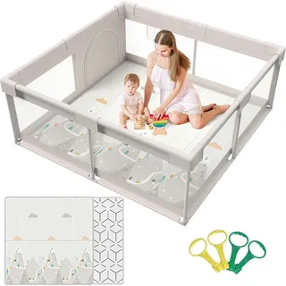 YOUJIA Baby Laufgitter mit Matte 150x150 cm, Laufstall Baby mit Matratze, Sicher und Geräumig für die Wohnung, Rutschfeste Basis, Atmungsaktives Netzdes... - Grau