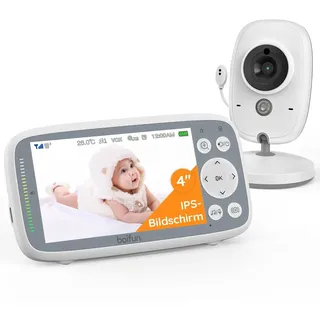 BOIFUN Babyphone mit Kamera, 4 Zoll 720P Monitor, Ohne WLAN, Nachtsicht, 10 Stunden Akkulaufzeit, Energiesparmodus, 2 Wege Audio, Schallerkennung, Temperaturerkennung, 3X Zoom, Schlaflieder