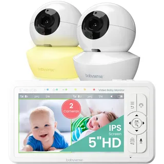 Babysense Babyphone HD 5 Zoll mit 2 Kameras, Video Babyphone ohne WLAN, Nachtlicht, Wiegenlieder, 300m Reichweite, Zwei-Wege-Audio, 4-facher Zoom, 4000mAh Akku