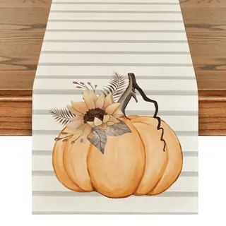 Artoid Mode Orange Streifen Kürbisse Blätter Herbst Tischläufer 40x140 cm | Sonnenblumen Saisonal Hause Wohnzimmer Tisch Dekoration Drinnen Urlaub Party Dekor