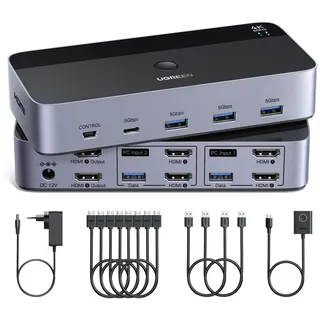 UGREEN HDMI KVM Switch 4K60Hz 2 PC 2 Monitore 4 USB Ports mit 4 HDMI Kabeln | KVM Switch NUR mit HDMI-Anschluss 2 In 2 Out, 4 USB Ports für Tastatur Maus U-Disk, Kompatibel mit Windows/Linux