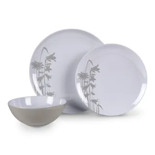 Geschirr Set 12teilig Melamin Camping Picknick Geschirr weiß/grau Blumen Gräs...