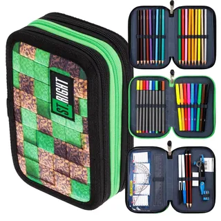 St. Right XXL Federtasche Federmappe Federmäppchen 46-teilig gefüllte Schüleretui 3-stöckig 19 x 13 x 7 cm, 3-Fach Schulstiftetui, dreifaches Federmäppchen Junge Mädchen Pixel Cubes