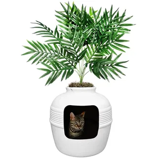 Good Pet Stuff Original versteckte Katzentoilette mit künstlicher Pflanze und geschlossenem Katzenklo, belüftet und mit Geruchsfilter, leicht zu reinigen, Birke-Weiß