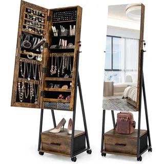 Goplus Schmuckschrank mit Spiegel, Spiegelschrank mit LED-Licht & Schublade, abschließbare Schmuckaufbewahrung mit Rollen (Braun)