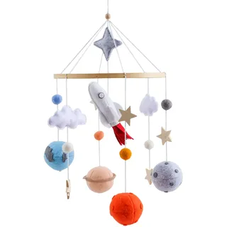 Raketen Mobile Baby mit Planeten Filzbällen, Wolke Filz Mobile Babybett Windspiele, Hängende Mobile Windspiel Spielzeug für Babybett, Neugeborenen Geschenk